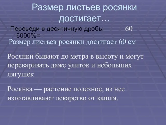 Размер листьев росянки достигает… Переведи в десятичную дробь: 6000%= 60 Размер листьев