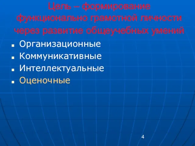 Цель – формирование функционально грамотной личности через развитие общеучебных умений Организационные Коммуникативные Интеллектуальные Оценочные