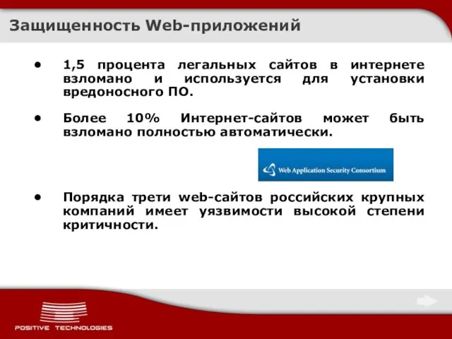 Защищенность Web-приложений 1,5 процента легальных сайтов в интернете взломано и используется для