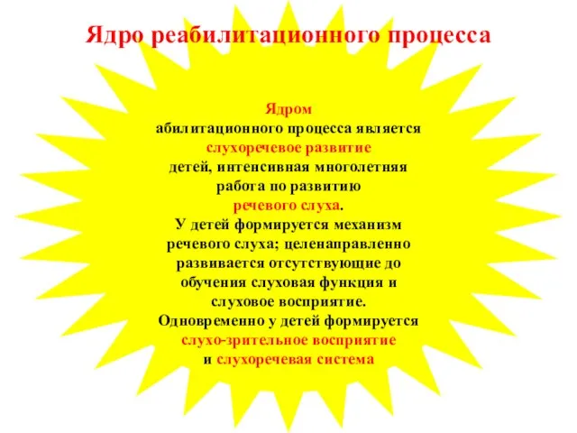 Ядром абилитационного процесса является слухоречевое развитие детей, интенсивная многолетняя работа по развитию