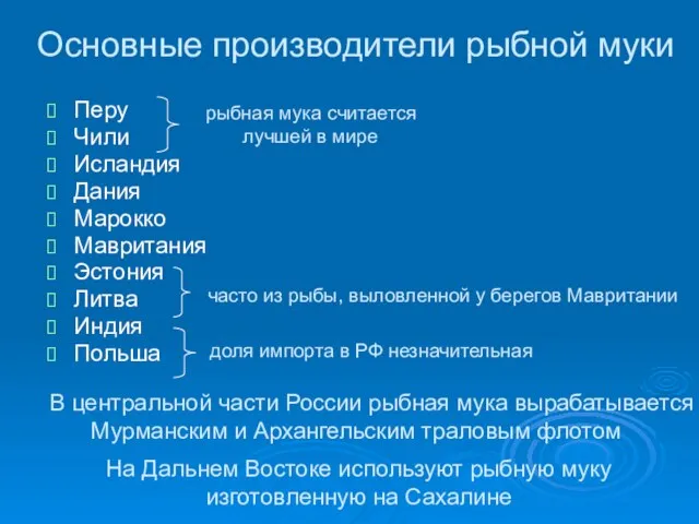 Основные производители рыбной муки Перу Чили Исландия Дания Марокко Мавритания Эстония Литва