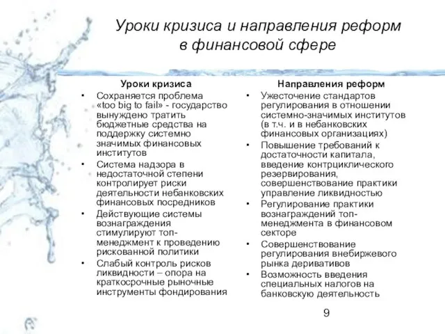 Уроки кризиса и направления реформ в финансовой сфере Уроки кризиса Сохраняется проблема