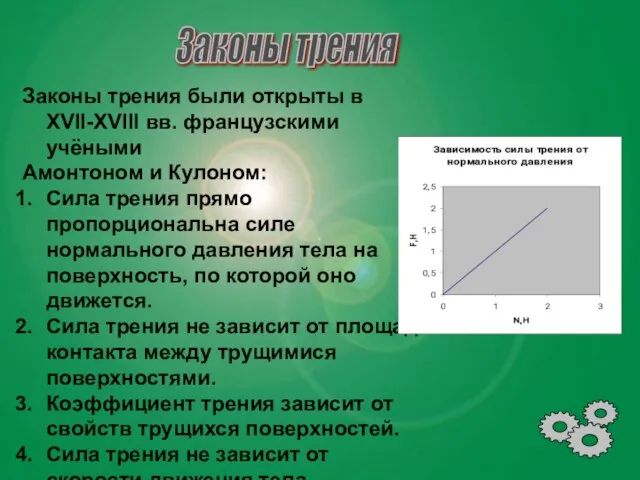 Законы трения были открыты в XVII-XVIII вв. французскими учёными Амонтоном и Кулоном: