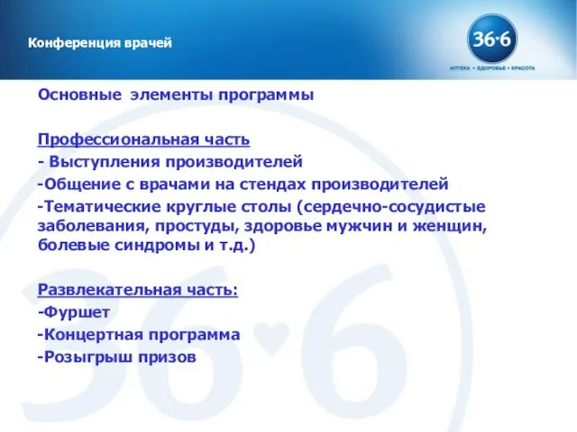 Основные элементы программы Профессиональная часть - Выступления производителей Общение с врачами на