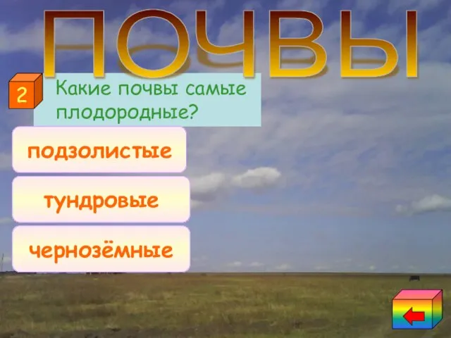 Какие почвы самые плодородные? чернозёмные тундровые подзолистые 2 ПОЧВЫ