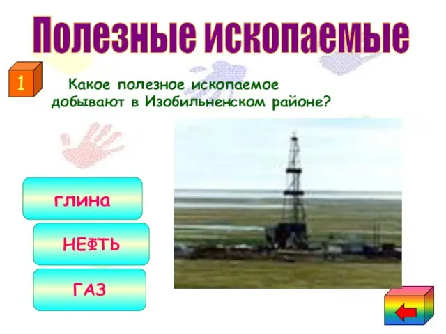 Какое полезное ископаемое добывают в Изобильненском районе? ГАЗ НЕФТЬ глина 1 Полезные ископаемые