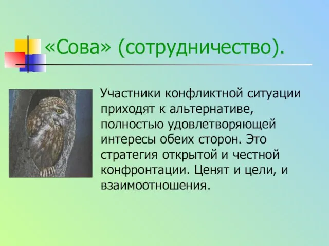 «Сова» (сотрудничество). Участники конфликтной ситуации приходят к альтернативе, полностью удовлетворяющей интересы обеих