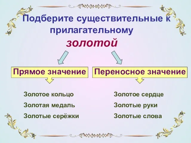 Подберите существительные к прилагательному золотой Золотое сердце Золотые руки Золотые слова Золотое