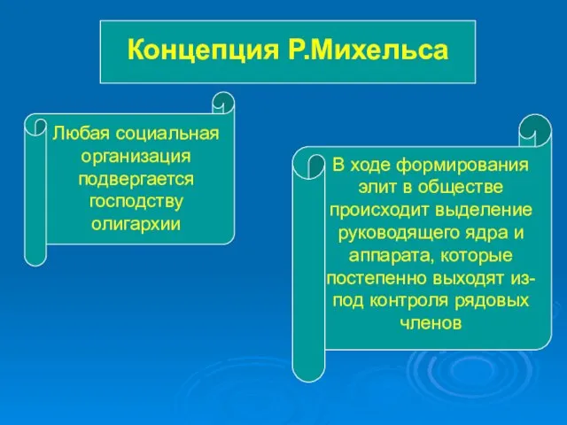 Концепция Р.Михельса Любая социальная организация подвергается господству олигархии В ходе формирования элит