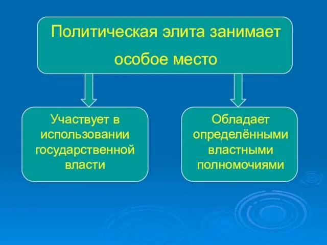 Политическая элита занимает особое место Участвует в использовании государственной власти Обладает определёнными властными полномочиями