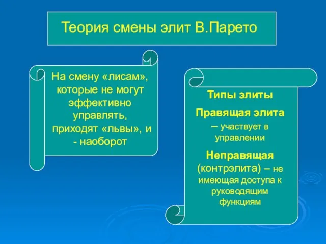 Теория смены элит В.Парето На смену «лисам», которые не могут эффективно управлять,