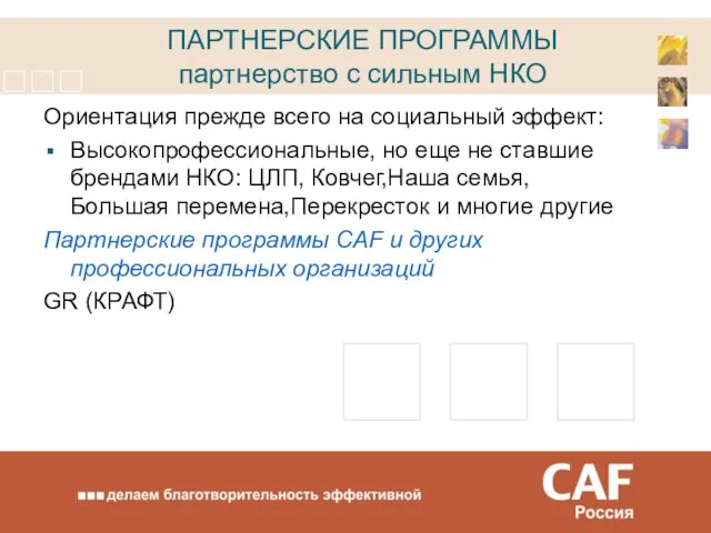 ПАРТНЕРСКИЕ ПРОГРАММЫ партнерство с сильным НКО Ориентация прежде всего на социальный эффект: