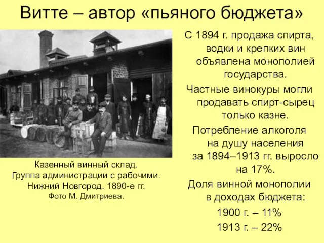 Витте – автор «пьяного бюджета» С 1894 г. продажа спирта, водки и