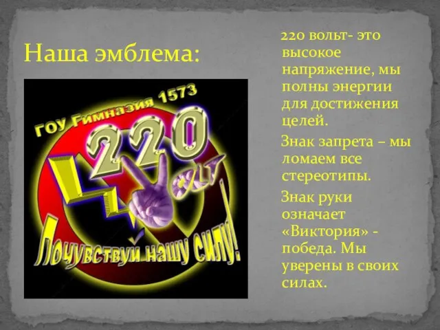 Наша эмблема: 220 вольт- это высокое напряжение, мы полны энергии для достижения