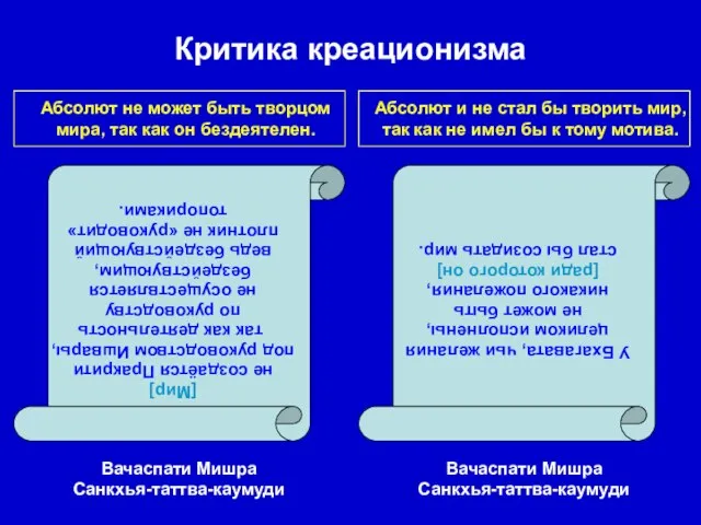 Критика креационизма [Мир] не создаётся Пракрити под руководством Ишвары, так как деятельность