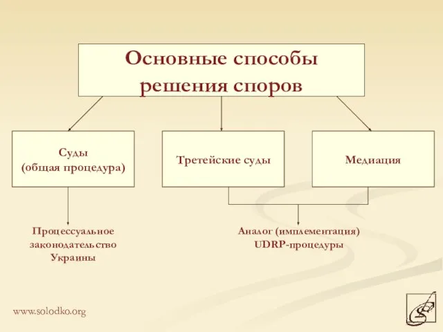 Основные способы решения споров Суды (общая процедура) Третейские суды Медиация Аналог (имплементация)