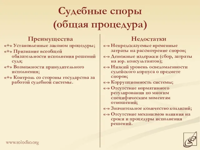 Судебные споры (общая процедура) Преимущества «+» Установленные законом процедуры; «+» Признание всеобщей