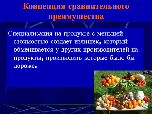 Концепция сравнительного преимущества Специализация на продукте с меньшей стоимостью создает излишек, который