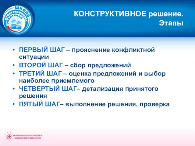 КОНСТРУКТИВНОЕ решение. Этапы ПЕРВЫЙ ШАГ – прояснение конфликтной ситуации ВТОРОЙ ШАГ –