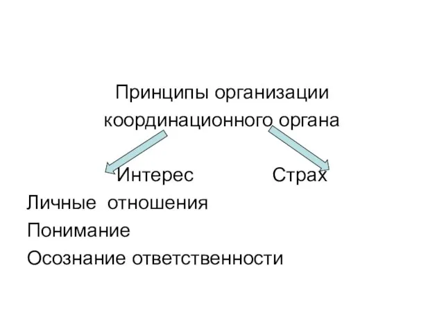 Принципы организации координационного органа Интерес Страх Личные отношения Понимание Осознание ответственности