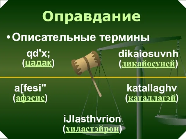 qd'x; (цадак) dikaiosuvnh (дикайосуней) a[fesi" (афэсис) katallaghv (каталлагэй) iJlasthvrion (хиластэйрон) Оправдание Описательные термины