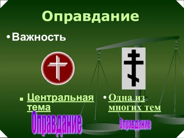 Одна из многих тем Оправдание Оправдание Важность Центральная тема Оправдание