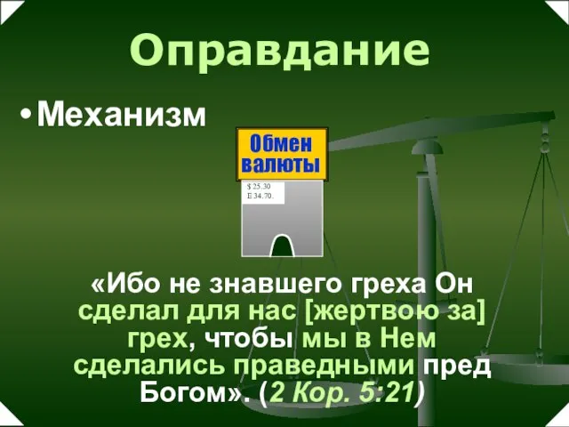 Оправдание Механизм «Ибо не знавшего греха Он сделал для нас [жертвою за]