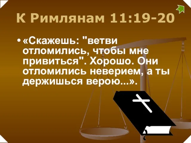 К Римлянам 11:19-20 «Скажешь: "ветви отломились, чтобы мне привиться". Хорошо. Они отломились