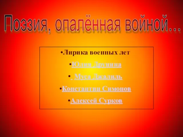 Поэзия, опалённая войной… Лирика военных лет Юлия Друнина Муса Джалиль Константин Симонов Алексей Сурков