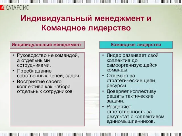 Индивидуальный менеджмент и Командное лидерство Руководство не командой, а отдельными сотрудниками. Преобладание