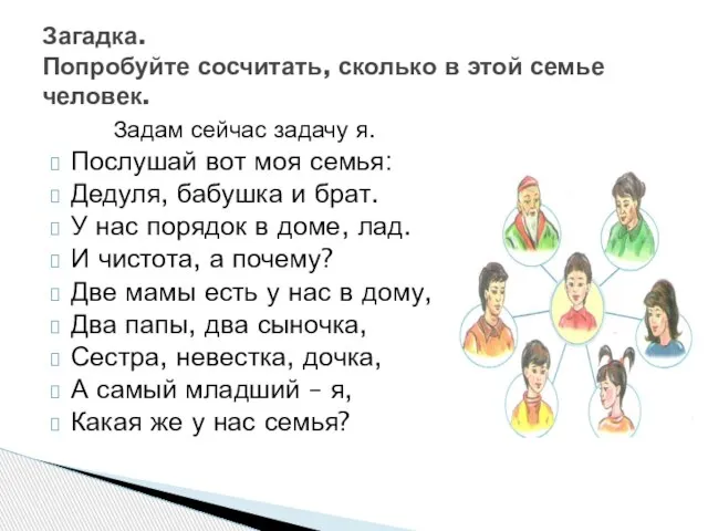 Задам сейчас задачу я. Послушай вот моя семья: Дедуля, бабушка и брат.