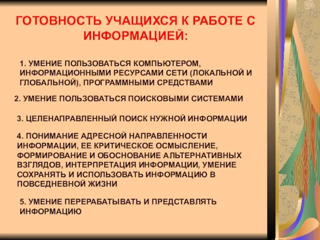 ГОТОВНОСТЬ УЧАЩИХСЯ К РАБОТЕ С ИНФОРМАЦИЕЙ: 1. УМЕНИЕ ПОЛЬЗОВАТЬСЯ КОМПЬЮТЕРОМ, ИНФОРМАЦИОННЫМИ РЕСУРСАМИ