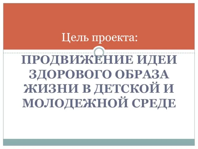 ПРОДВИЖЕНИЕ ИДЕИ ЗДОРОВОГО ОБРАЗА ЖИЗНИ В ДЕТСКОЙ И МОЛОДЕЖНОЙ СРЕДЕ Цель проекта: