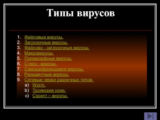 Типы вирусов Файловые вирусы. Загрузочные вирусы. Файлово - загрузочные вирусы. Макровирусы. Полиморфные