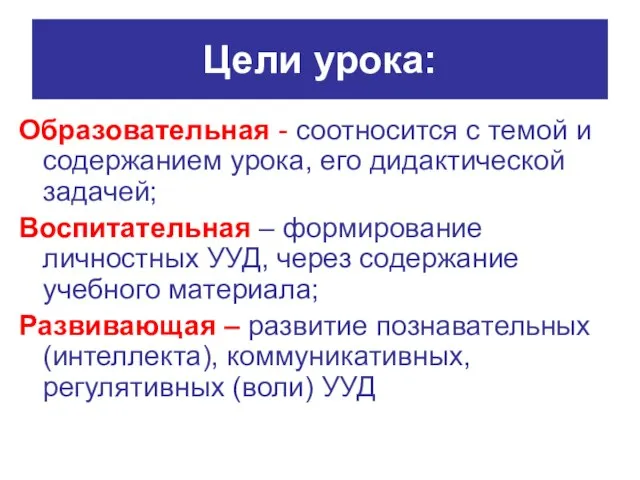 Цели урока: Образовательная - соотносится с темой и содержанием урока, его дидактической