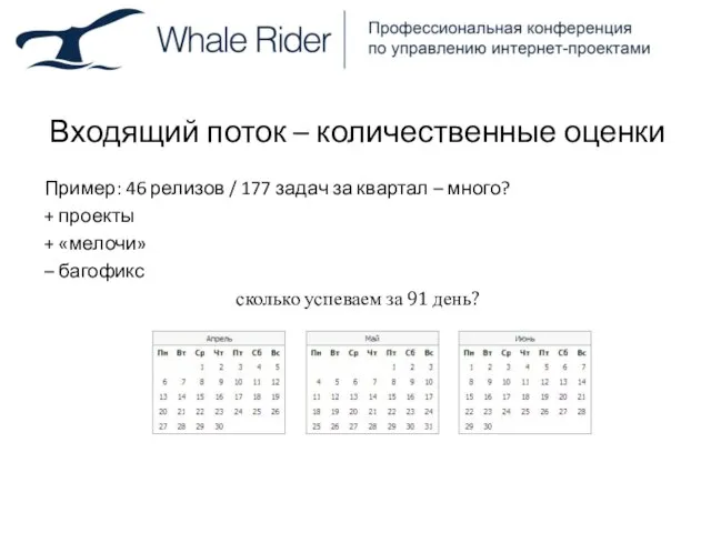 Входящий поток – количественные оценки Пример: 46 релизов / 177 задач за