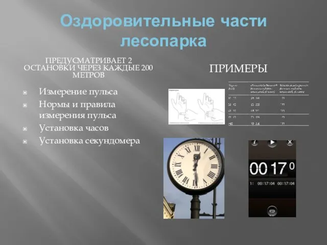 Оздоровительные части лесопарка ПРЕДУСМАТРИВАЕТ 2 ОСТАНОВКИ ЧЕРЕЗ КАЖДЫЕ 200 МЕТРОВ ПРИМЕРЫ Измерение