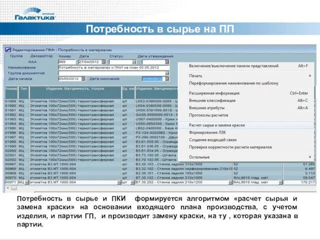 Потребность в сырье на ПП Потребность в сырье и ПКИ формируется алгоритмом