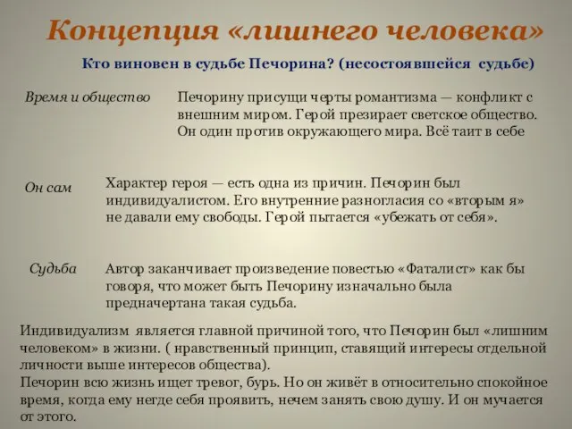 Кто виновен в судьбе Печорина? (несостоявшейся судьбе) Время и общество Печорину присущи