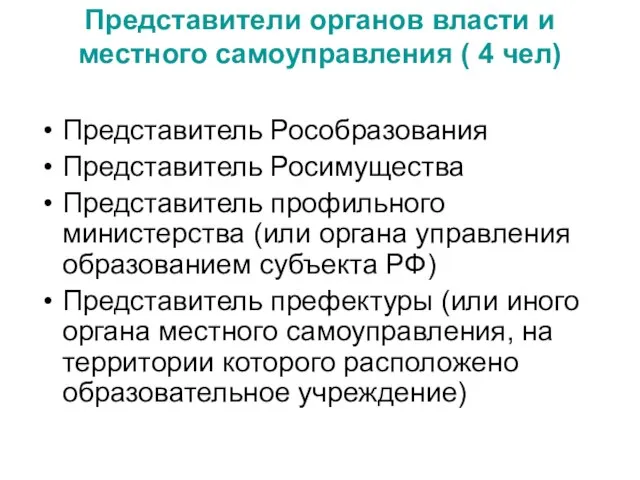 Представители органов власти и местного самоуправления ( 4 чел) Представитель Рособразования Представитель