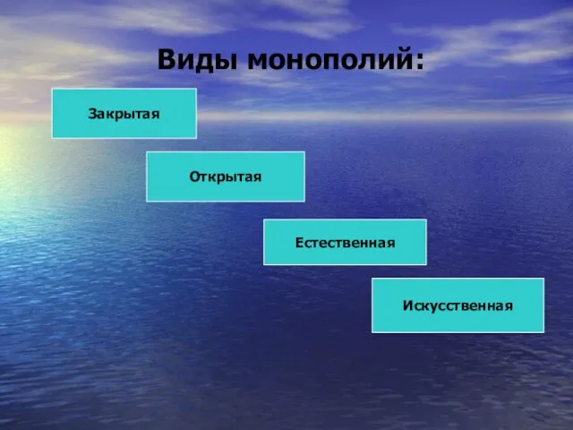 Виды монополий: Закрытая Открытая Естественная Искусственная