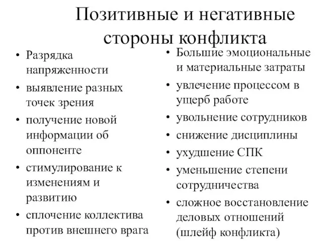 Позитивные и негативные стороны конфликта Разрядка напряженности выявление разных точек зрения получение