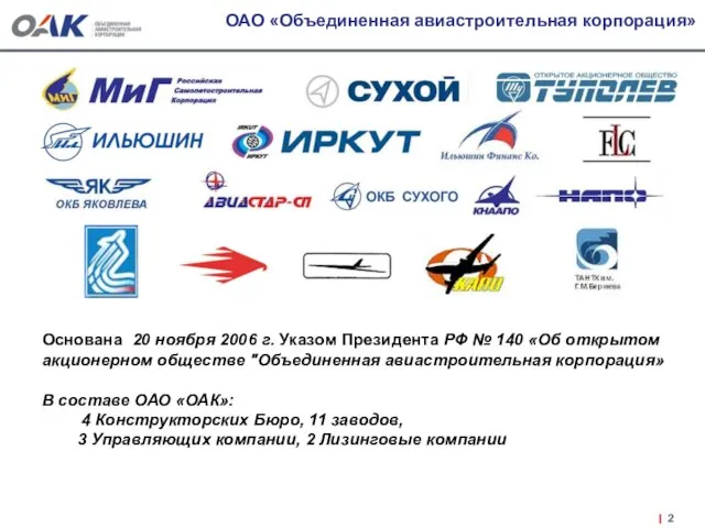 ОАО «Объединенная авиастроительная корпорация» Основана 20 ноября 2006 г. Указом Президента РФ