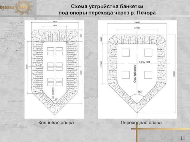 Схема устройства банкетки под опоры перехода через р. Печора Переходная опора Концевая опора 11