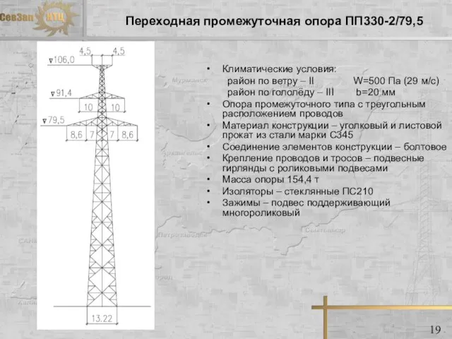 Переходная промежуточная опора ПП330-2/79,5 Климатические условия: район по ветру – II W=500