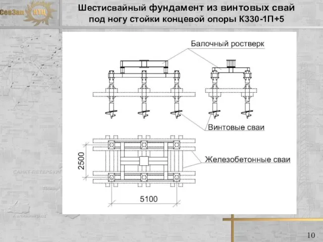 Шестисвайный фундамент из винтовых свай под ногу стойки концевой опоры К330-1П+5 10