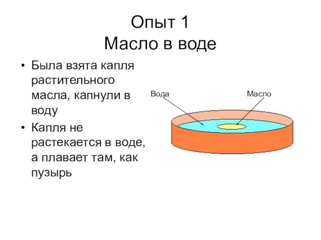 Опыт 1 Масло в воде Была взята капля растительного масла, капнули в