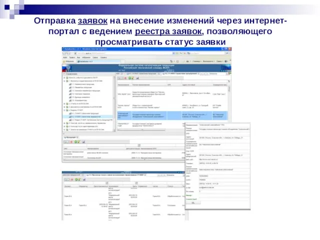 Отправка заявок на внесение изменений через интернет-портал с ведением реестра заявок, позволяющего просматривать статус заявки