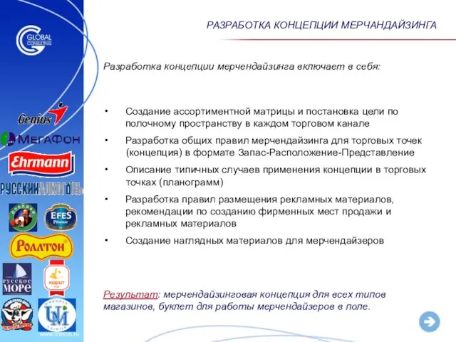 Разработка концепции мерчендайзинга включает в себя: Результат: мерчендайзинговая концепция для всех типов