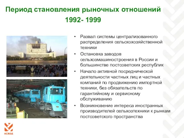 Период становления рыночных отношений 1992- 1999 Развал системы централизованного распределения сельскохозяйственной техники